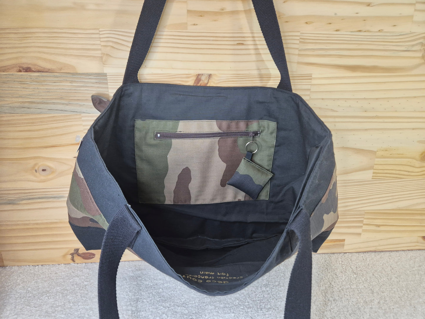 Cabas sac, tissu toile de coton camouflage et dentelle