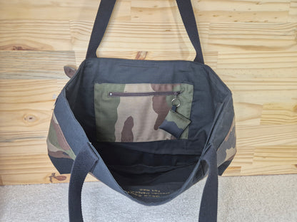 Cabas sac, tissu toile de coton camouflage et dentelle